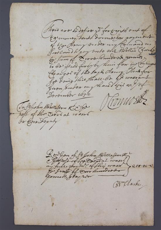 Cromwell, Oliver. Document signed, dated December 6, 1650, 1pp, folio, warrant addressed to Sir John Wollaston